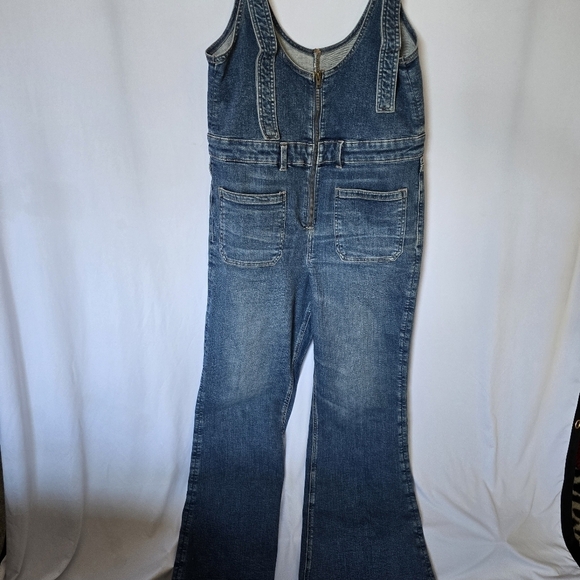 American Eagle Flare Overalls Adjustable Zipper Front Raw Hem Jeans, sz 14 Short - Picture 2 of 12